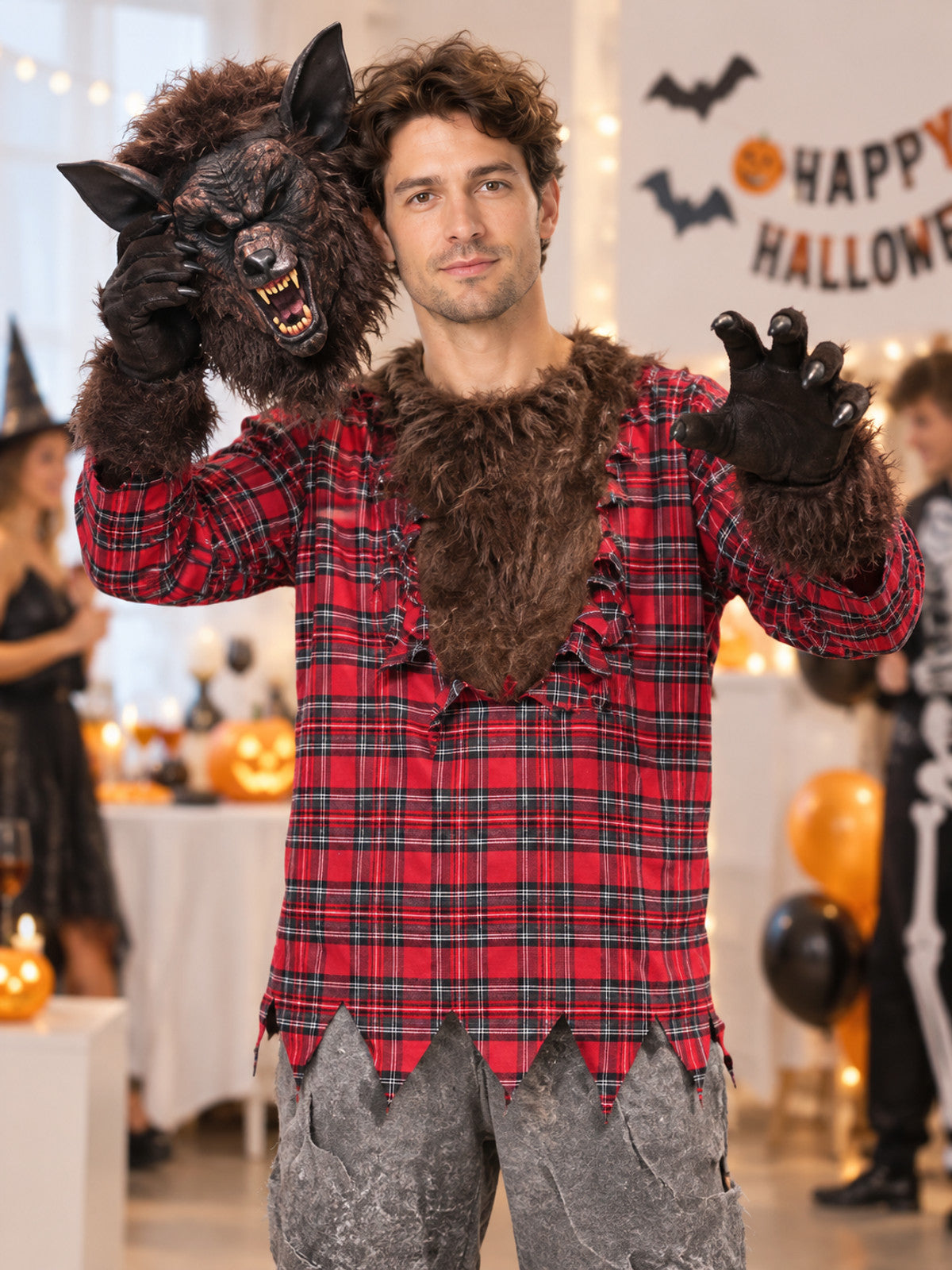 Werewolf Costume with Fur Mask and Plaid Shirt