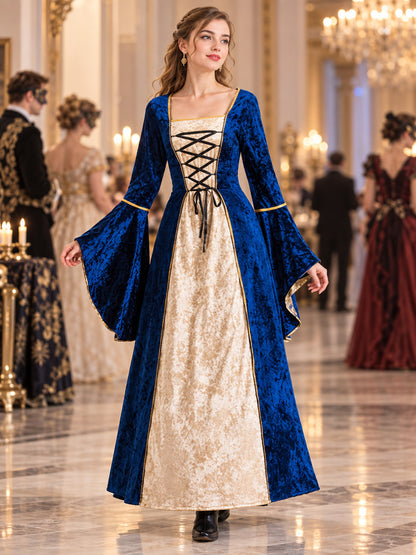 Long Blue Velvet Corset-Style Carnival Dress with Lacing