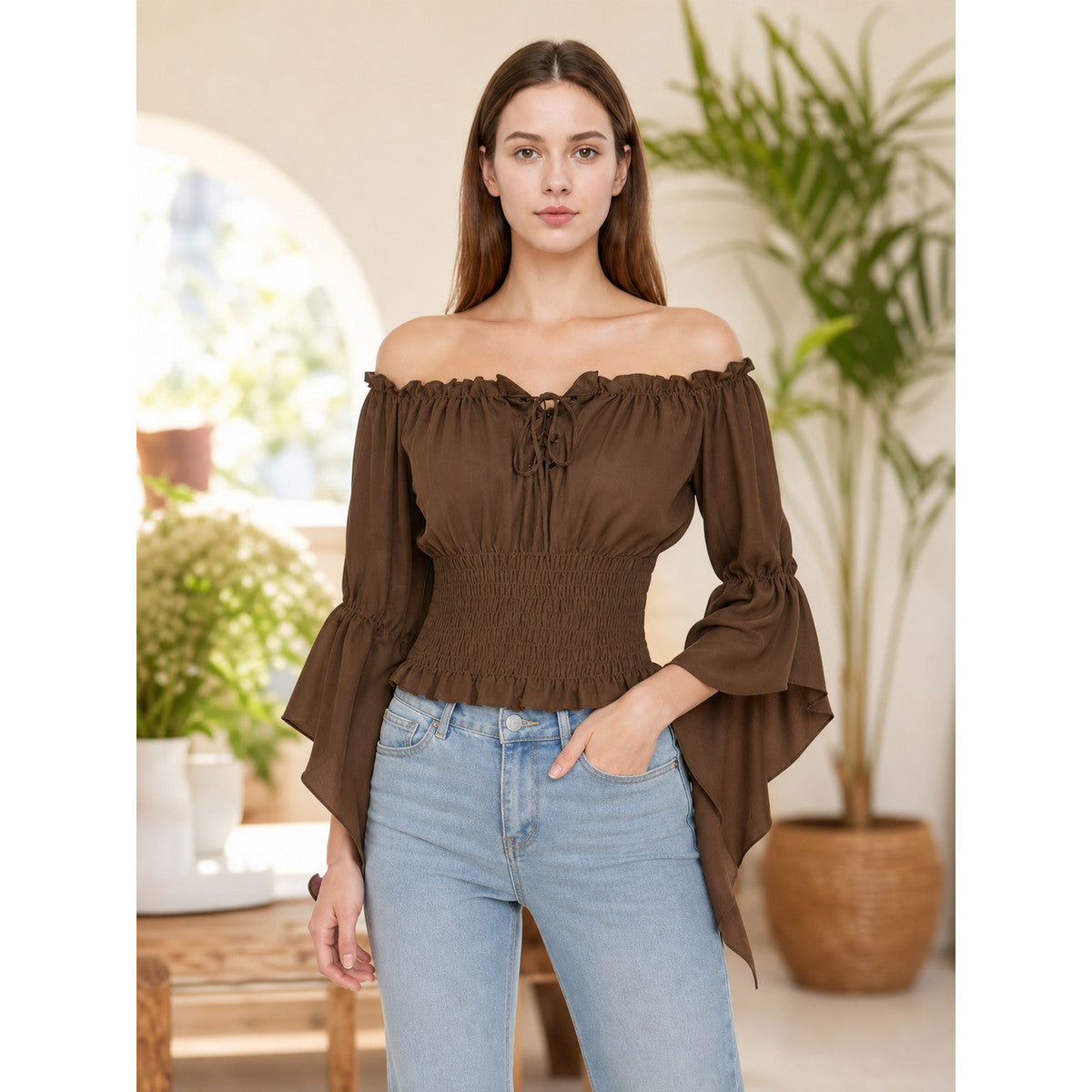 Cropped Ruffled Blouse with Front Tie