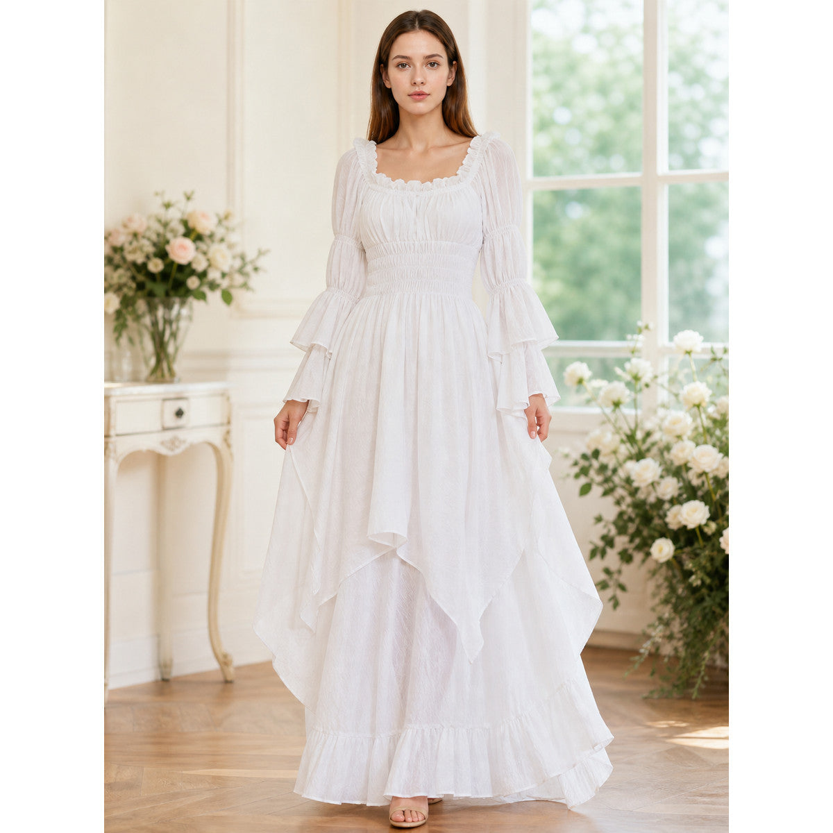 Long Dress with Lace Sleeves and Ruffles