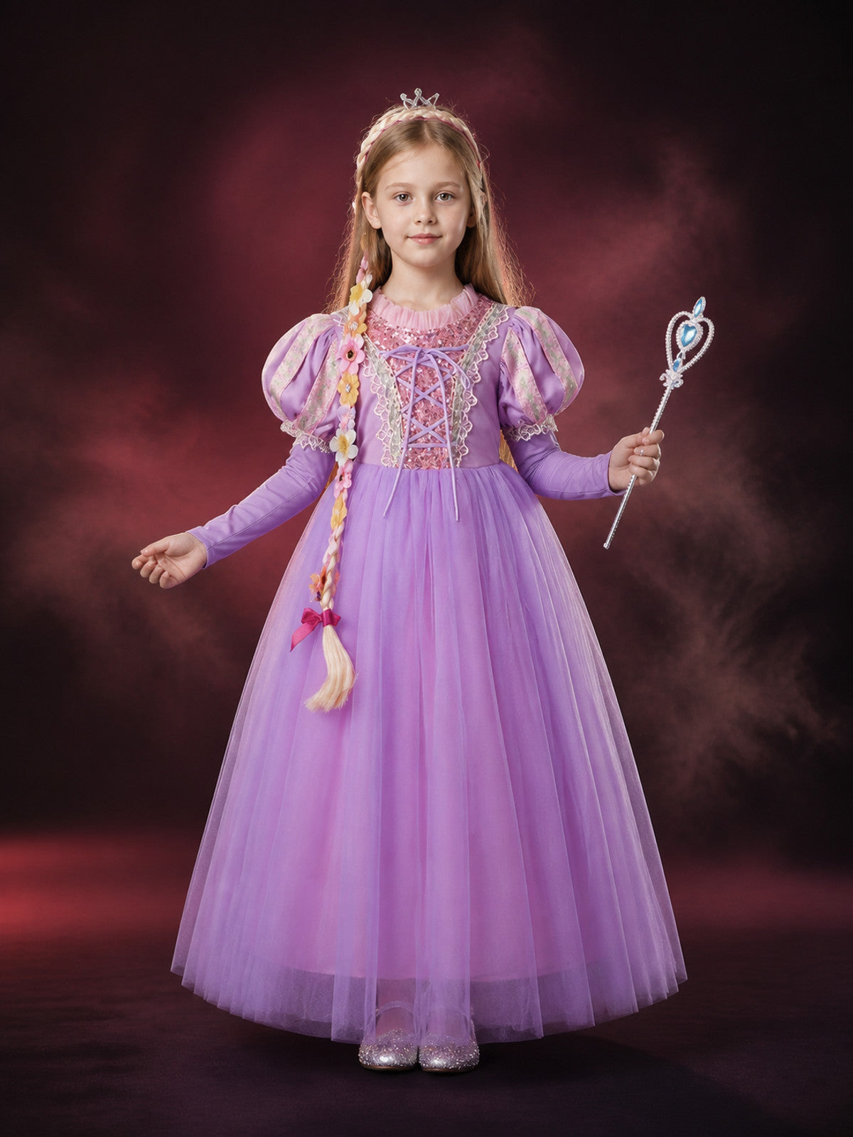 Girls Princess Costume Dress, Puffy Sleeve Tulle Ball Gown with Gold Lace Trim