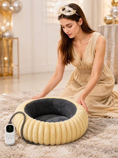 gray round heated pet bed with wired controller product image 2