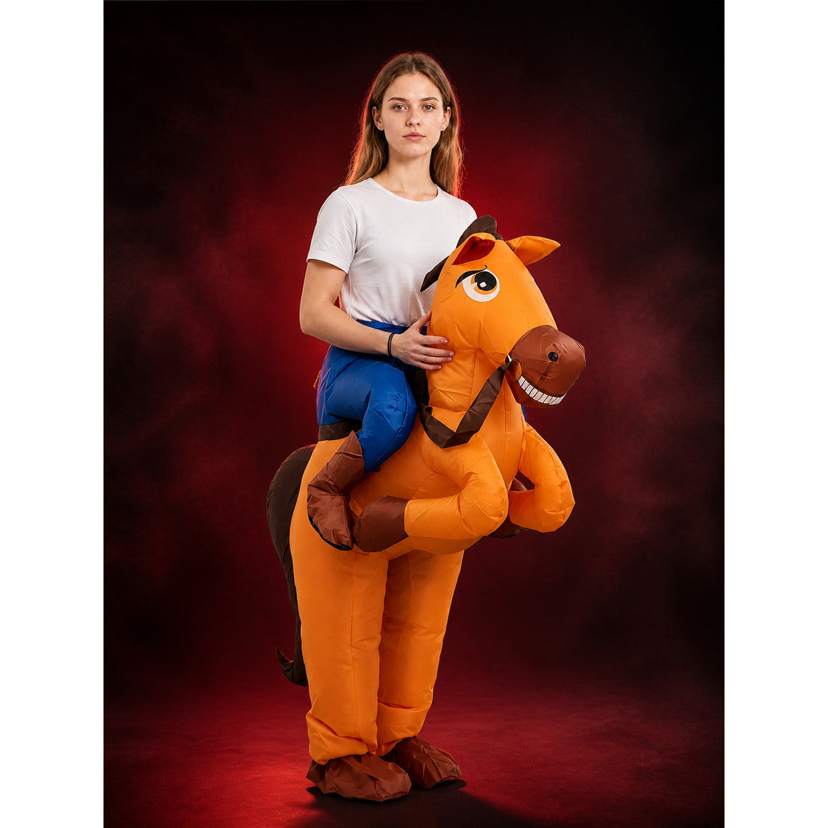 Adult Inflatable Horse Costume for Halloween Party, Brown and Orange Funny Full main product view