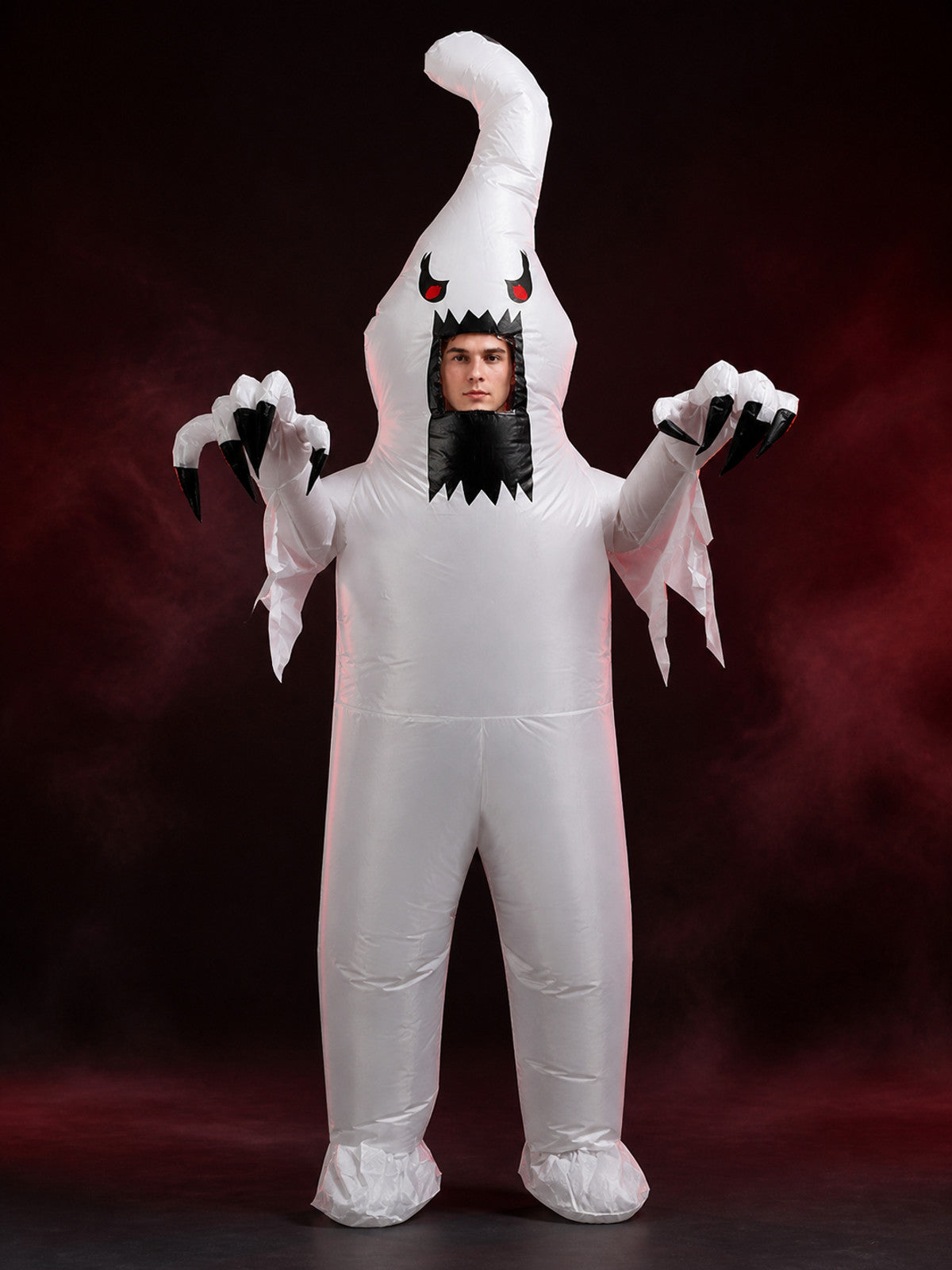 Inflatable White Monster Costume with Red Eyes and Black Claws for Halloween