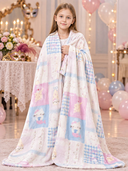 Reversible Fleece Blanket with Kittens and Bows, Pastel