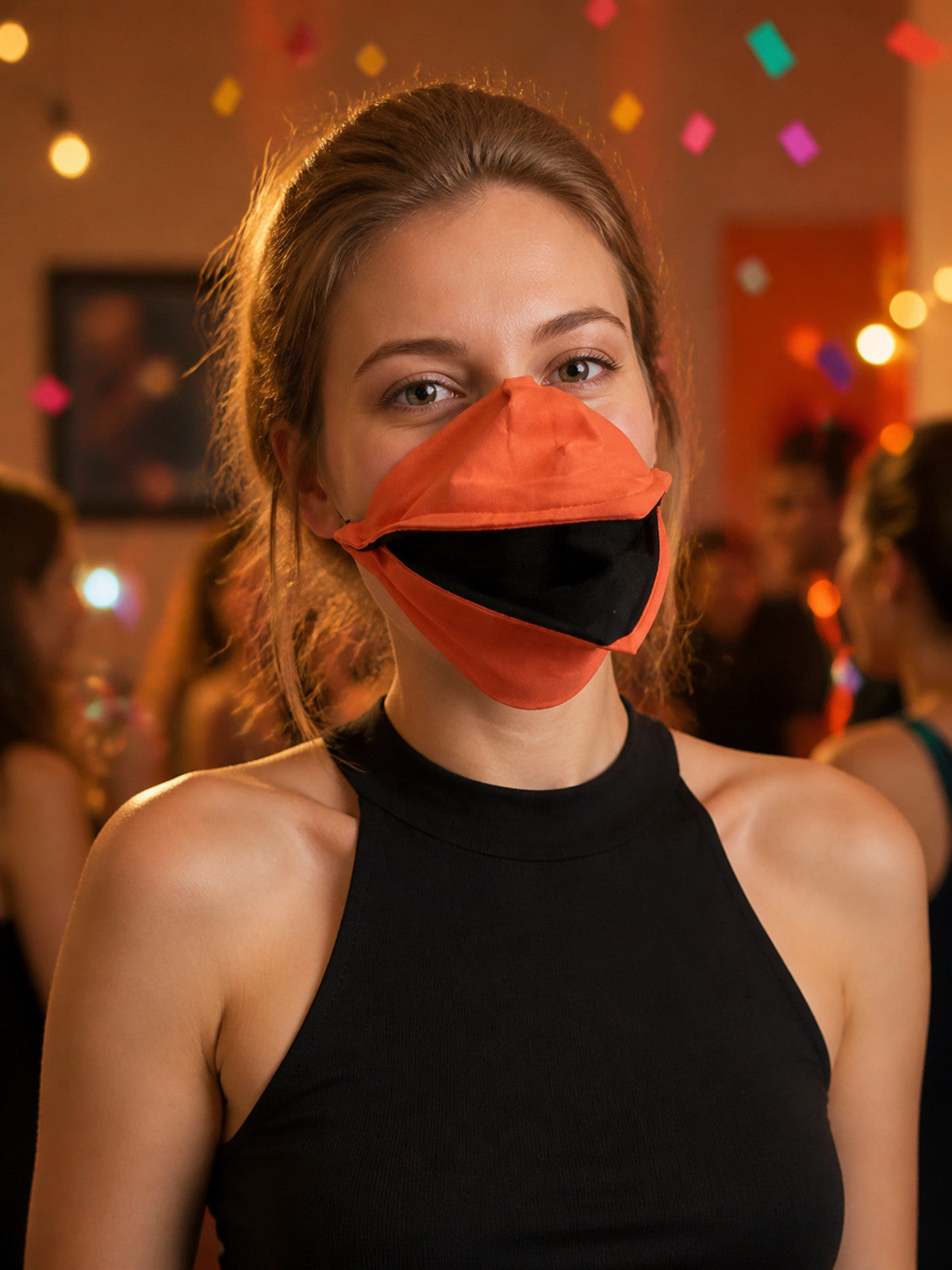 Carnival Mask with Beak, Orange-Red and Black lifestyle view