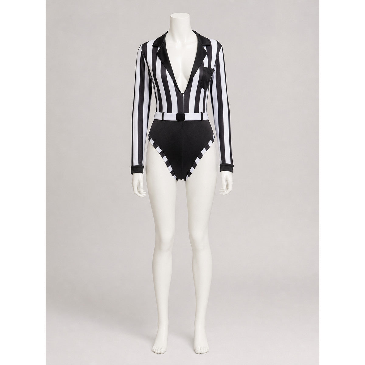 Black and White Striped Jumpsuit with Notched Collar