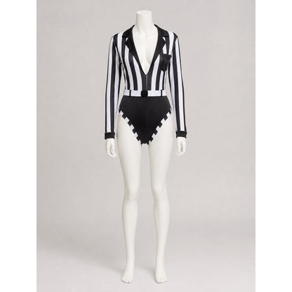 Black and White Striped Jumpsuit with Notched Collar