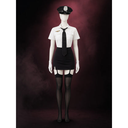 Women's Police Officer Costume Set, White Shirt Black Skirt with Tie main product view