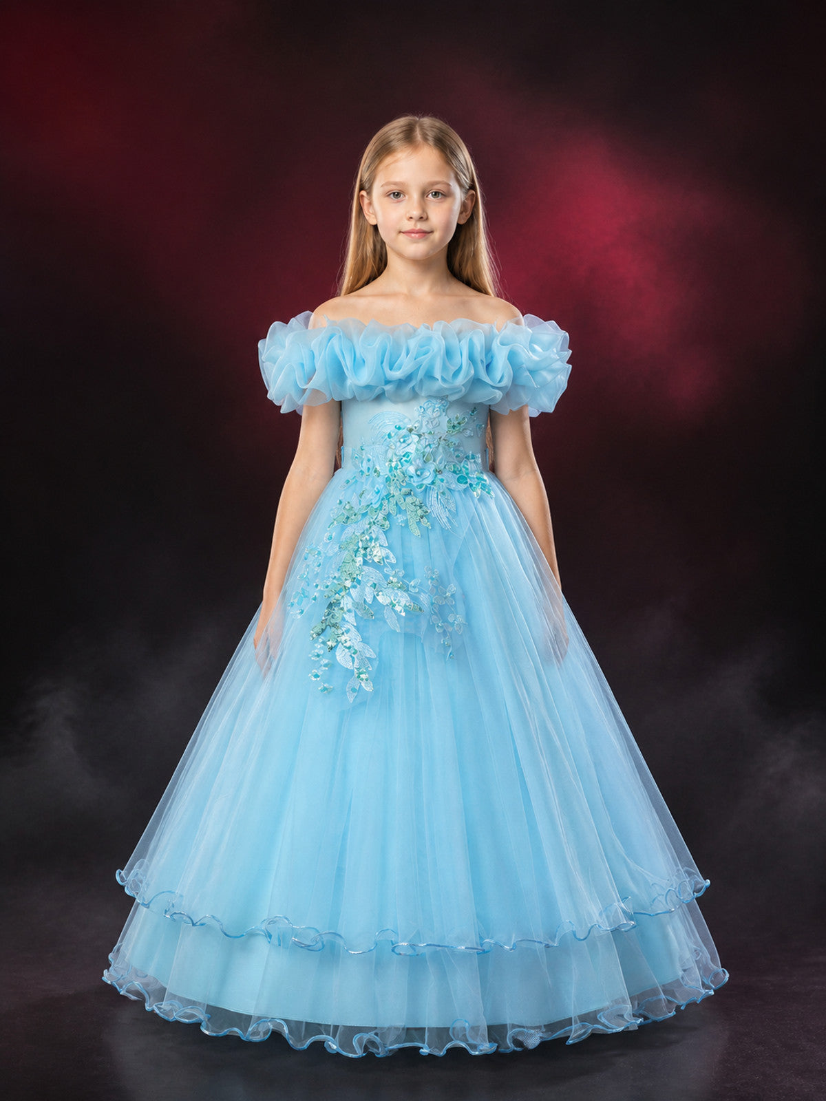 Girls' Sky Blue Off-Shoulder Princess Dress With Sequin Floral Embroidery main product view