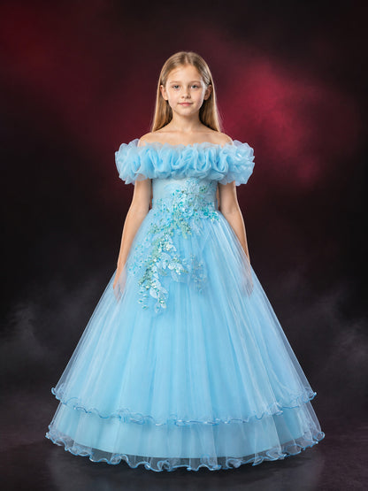 Girls' Sky Blue Off-Shoulder Princess Dress With Sequin Floral Embroidery main product view