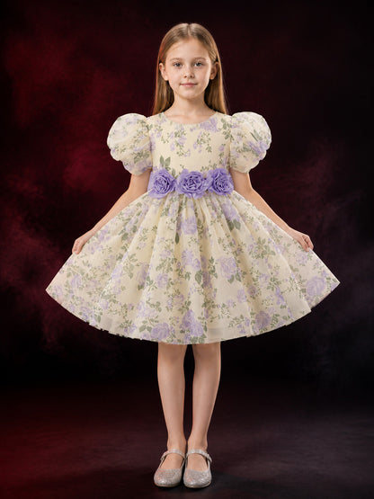 Girls' Floral Princess Dress With Puff Sleeves and 3D Flowers main product view