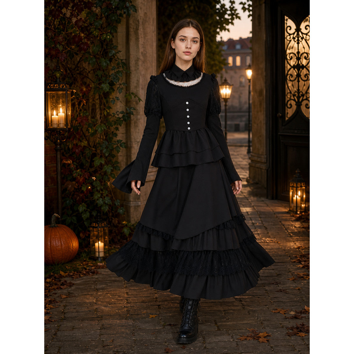 Gothic Dress with a High Collar and Ruffles