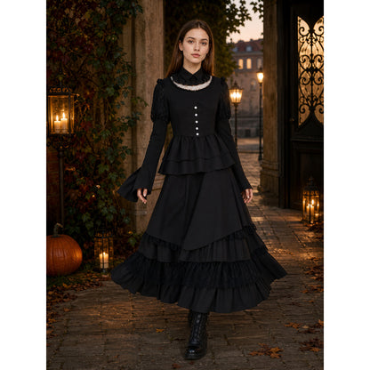 Gothic Dress with a High Collar and Ruffles