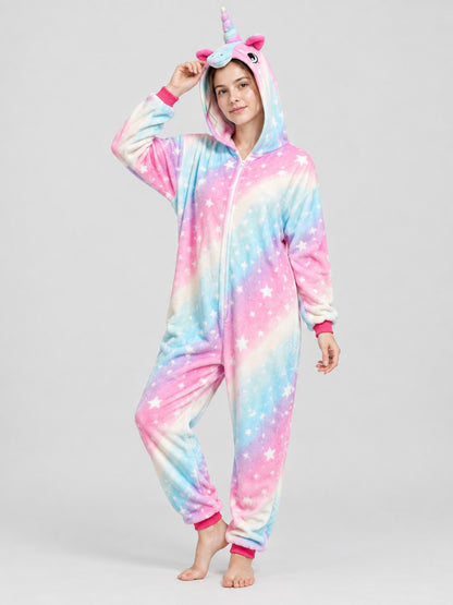Hooded pajama jumpsuit with a horn and ears