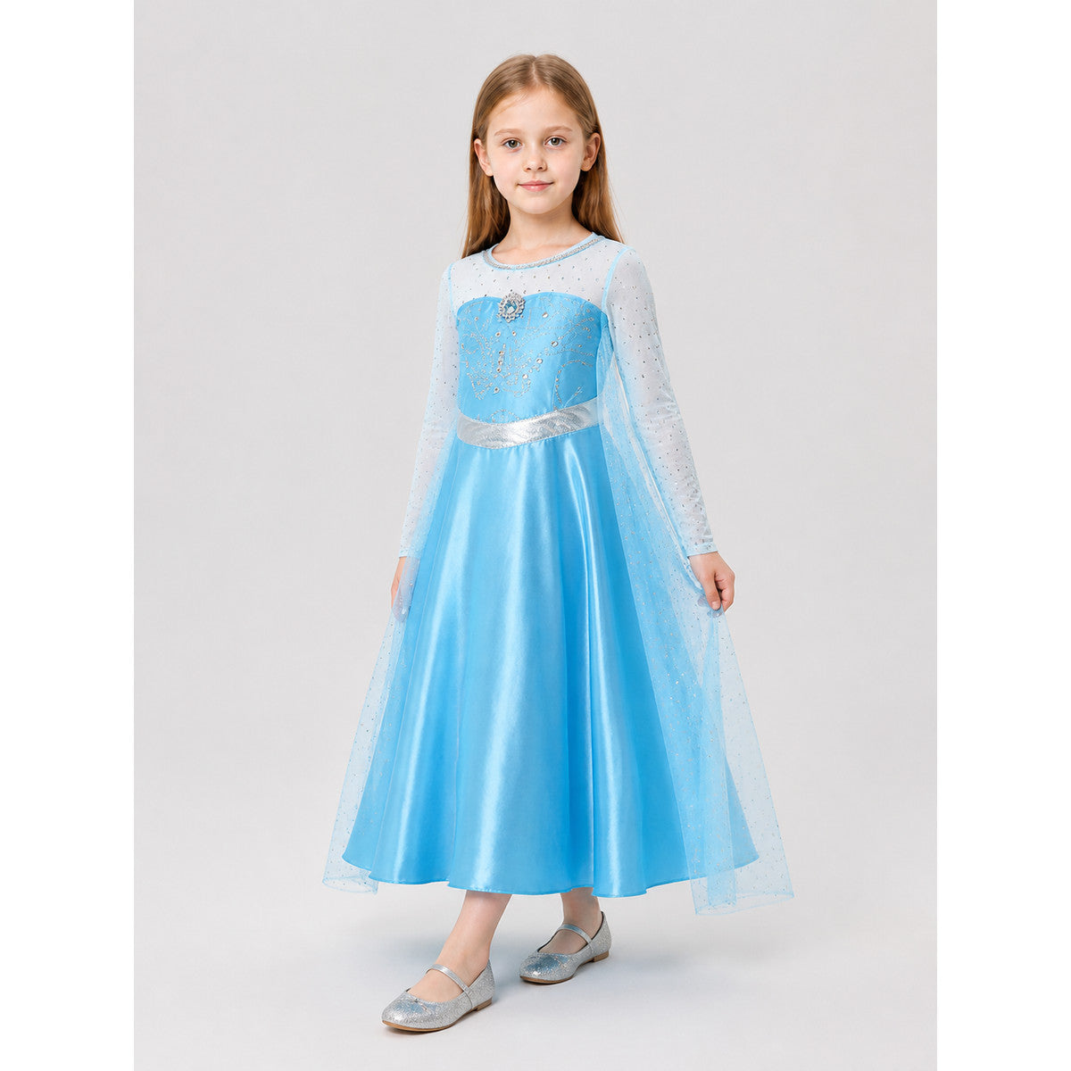 Elsa Anna Princess Dress with a Train and Silver Belt Costume Dresses detail
