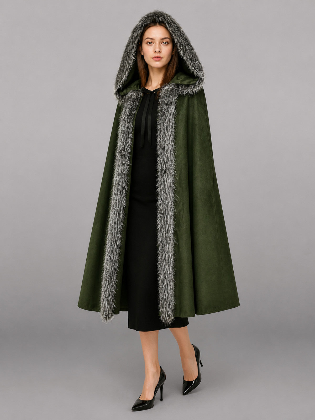 Green hooded cloak with gray fur trim and front ties, shown full-length on a model