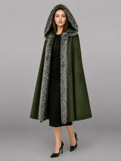 Green hooded cloak with gray fur trim and front ties, shown full-length on a model