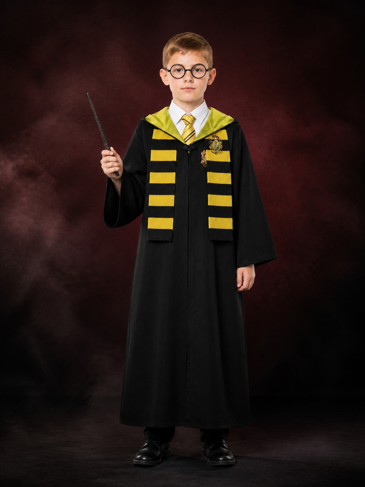 Kids Wizard Robe Costume Set, Black Hooded Cape with Yellow Black Striped Scarf main product view
