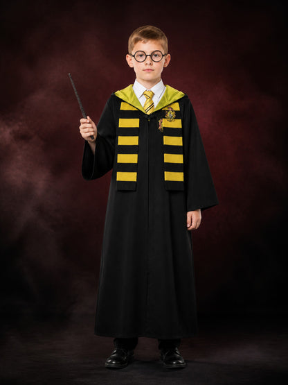 Kids Wizard Robe Costume Set, Black Hooded Cape with Yellow Black Striped Scarf main product view