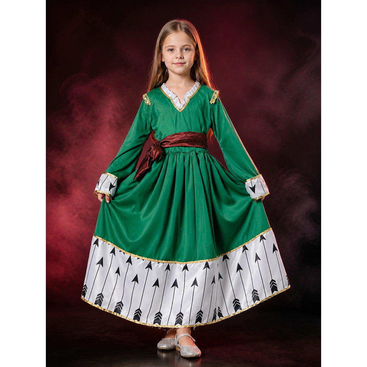 Kids Princess Costume Dress with Arrow Print and Gold Trim, Long Sleeve Party main product view