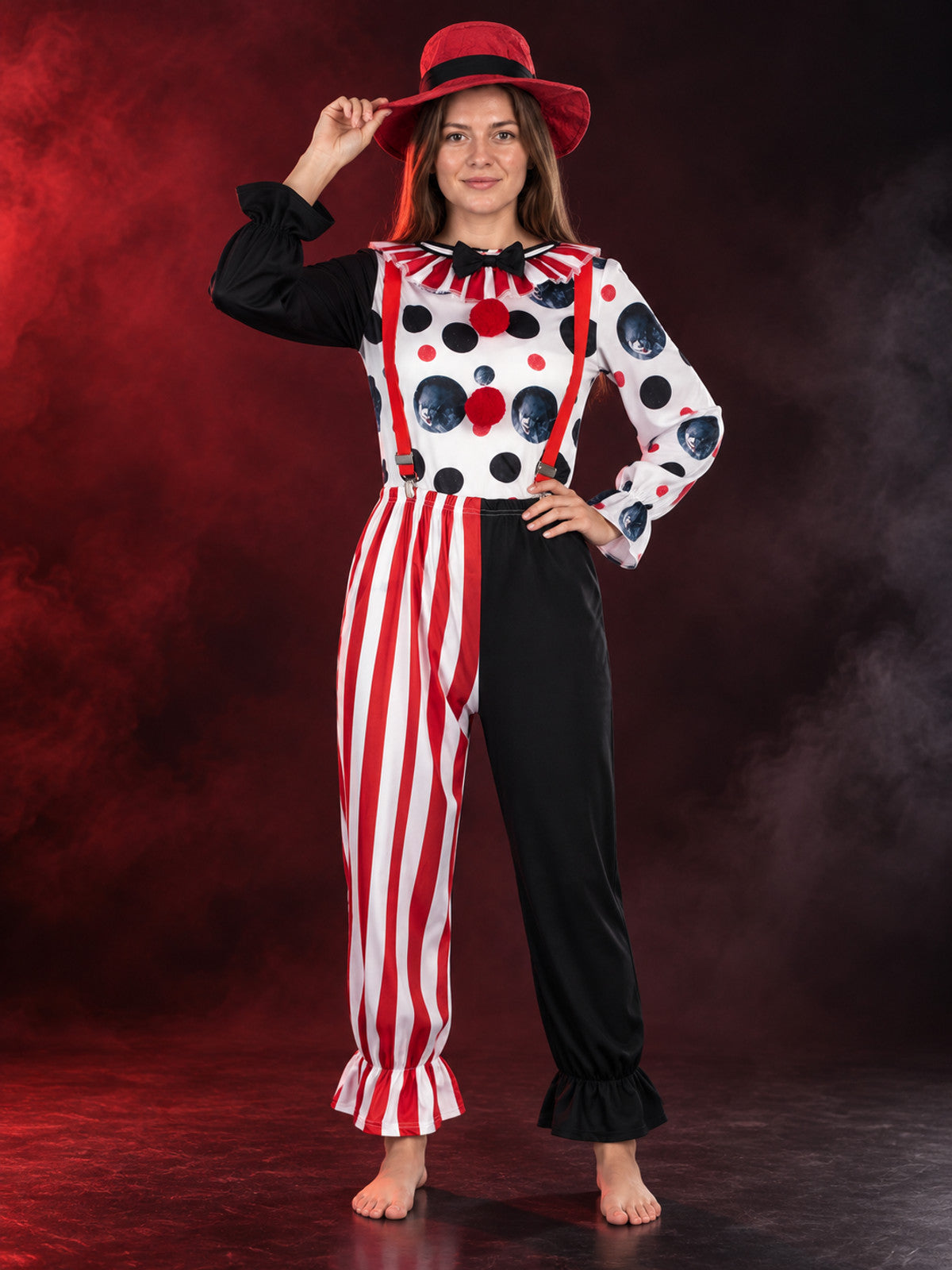 Clown Costume with Red Hat, Suspenders and Pants
