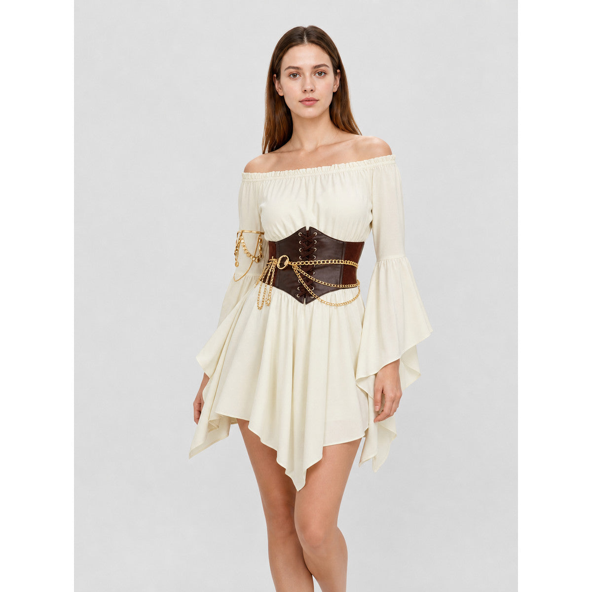 Off-the-Shoulder Dress with Lace-Up Belt