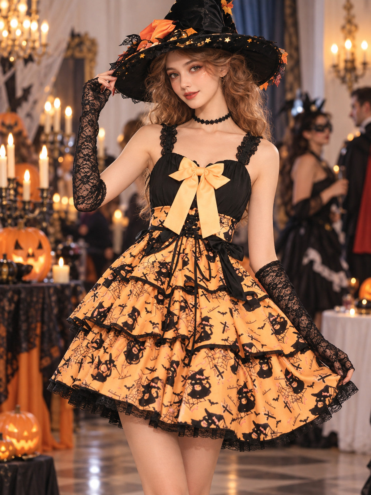 Witch Halloween Costume: Black and Orange Dress with Bow
