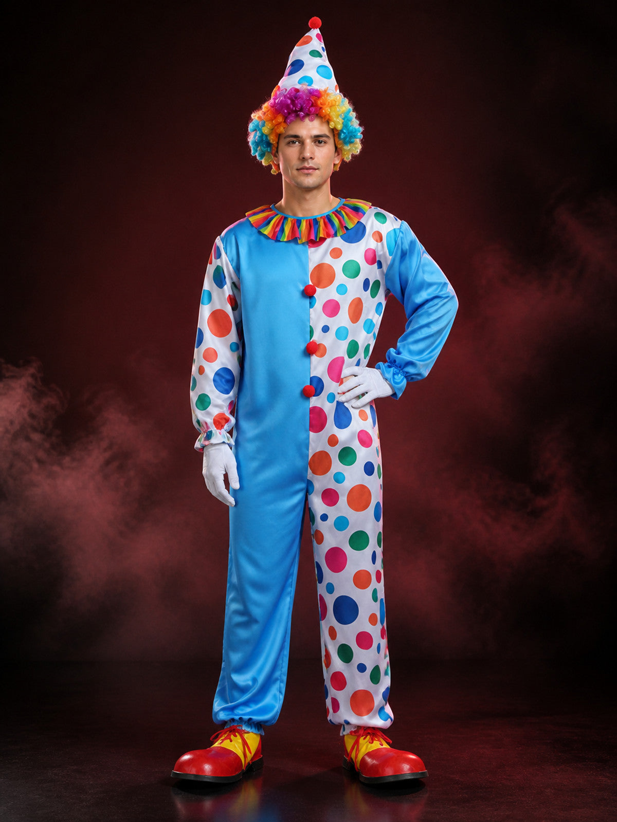 Unisex Clown Jumpsuit Costume Set, Polka Dot Print with Hat, Halloween Outfit main product view