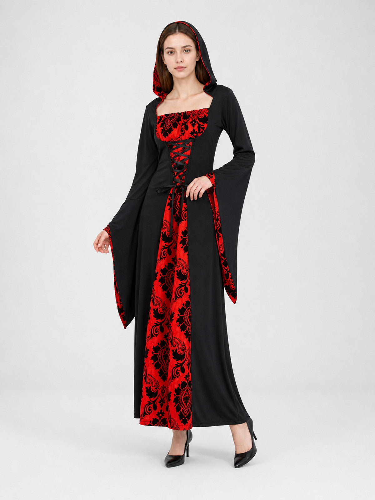 Gothic Hooded Dress with Red Pattern Costume Dresses detail