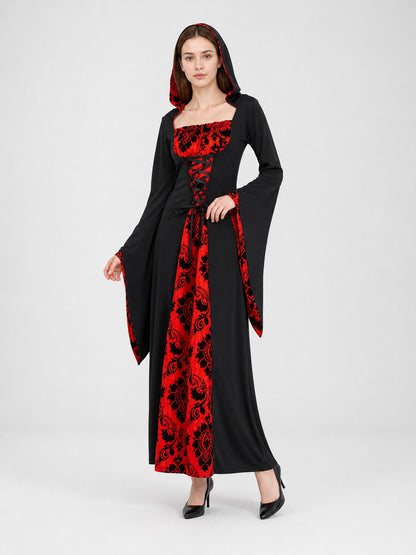 Gothic Hooded Dress with Red Pattern Costume Dresses detail