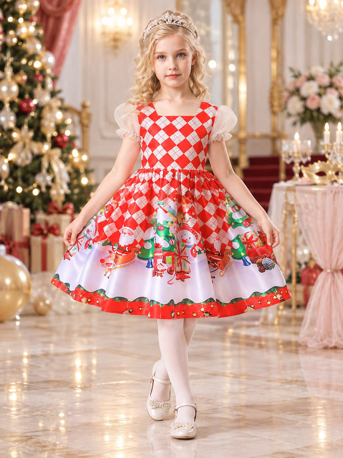 Kids' Holiday Dress Red with Christmas Print