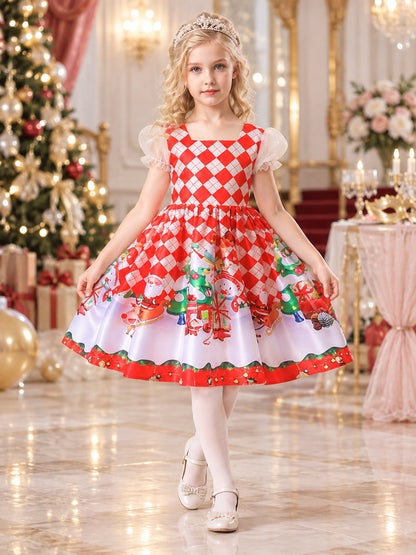 Kids' Holiday Dress Red with Christmas Print