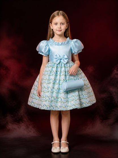 Girls' Sky Blue Princess Dress with Puff Sleeves, Floral Print, Waist Bow and main product view