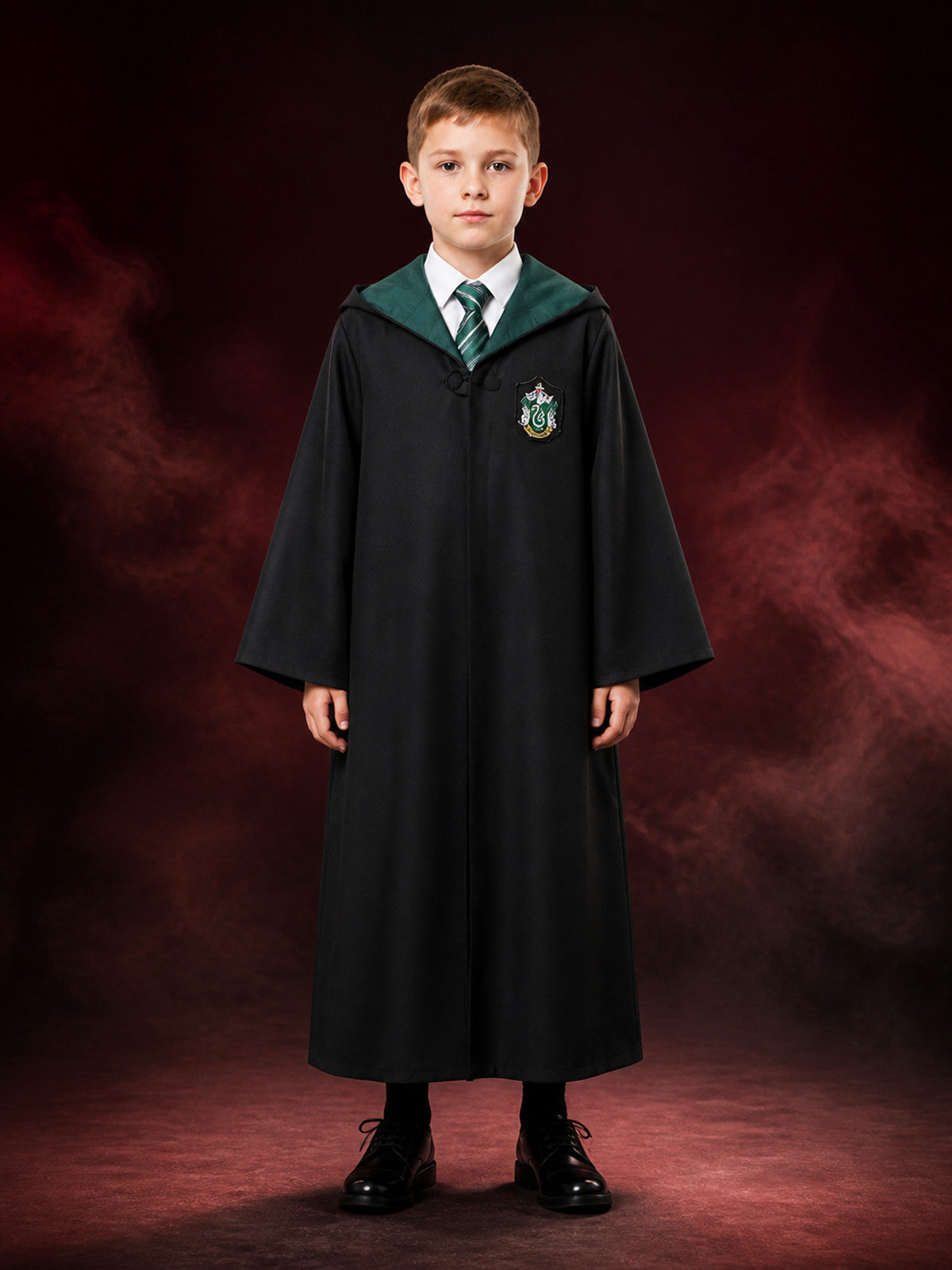 Deep Green Wizard Robe Costume Set, Hooded Button-Front Robe with Striped Tie main product view