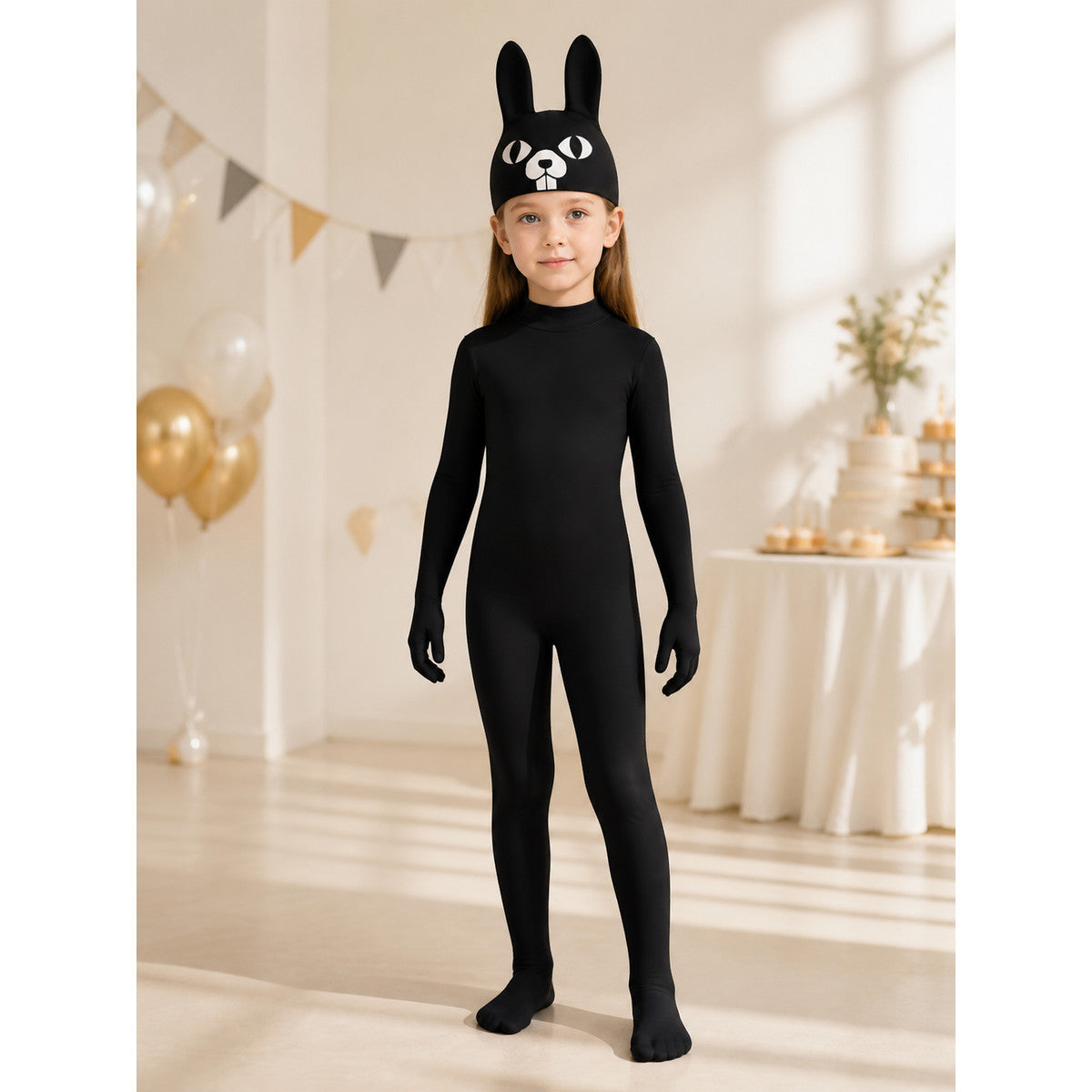 Black rabbit jumpsuit with ears and paws lifestyle view