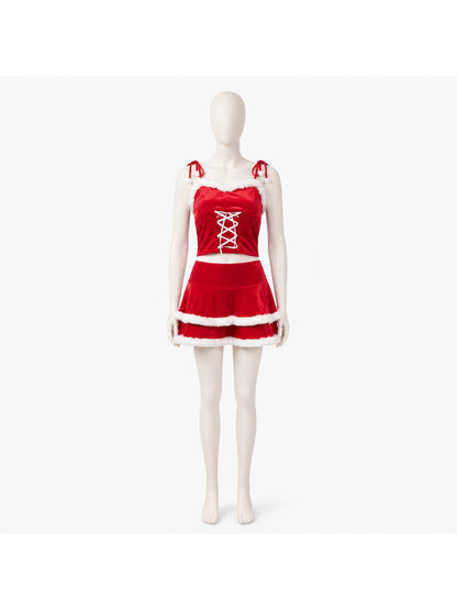 Two-Piece New Year's Costume with White Fluffy Trim Costumes detail