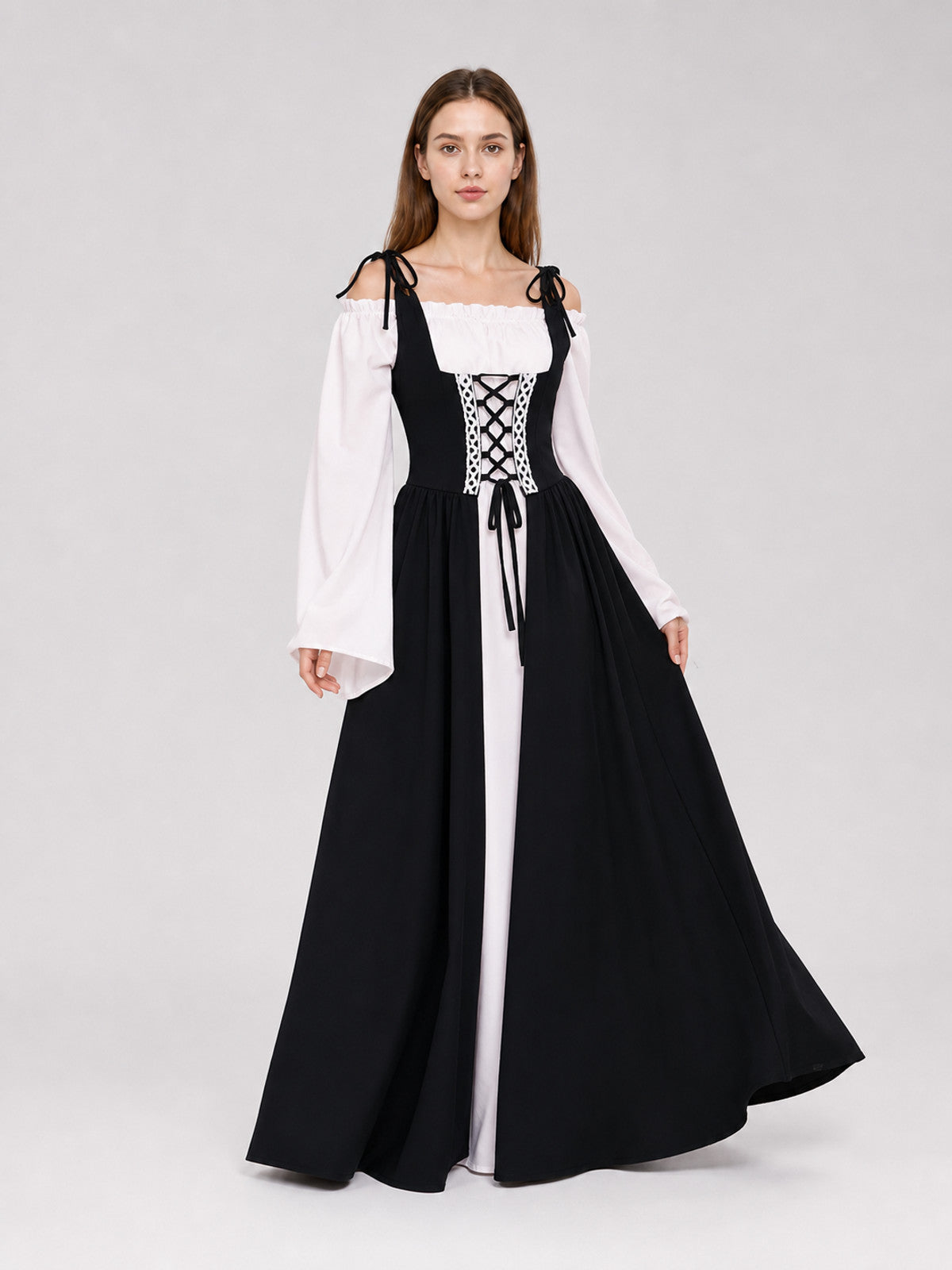 The dress is designed in a vintage medieval style and reflects characteristic
