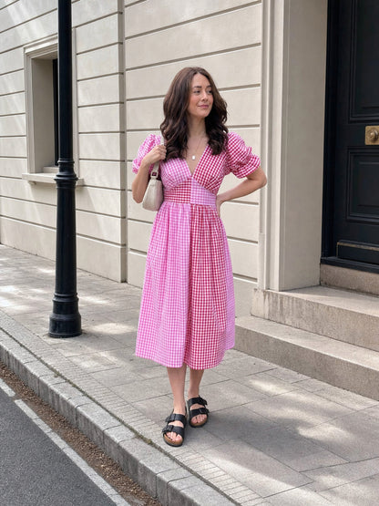Pink and White Checkered Midi Dress with V-Neck Costume Dresses detail