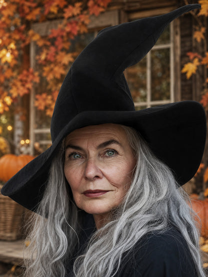 Black pointed fabric witch hat with a wide brim shown on an older woman in an autumn outdoor scene