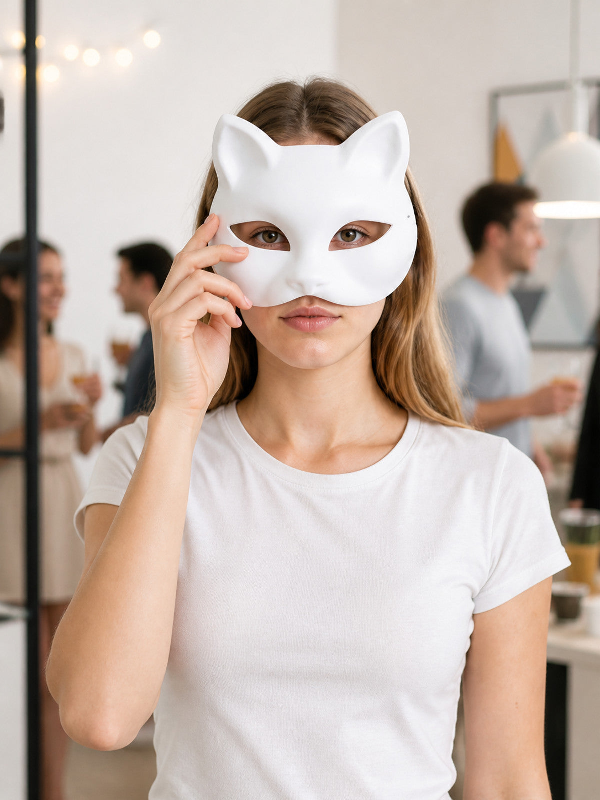 White Halloween Cat-Ear Half Mask lifestyle view