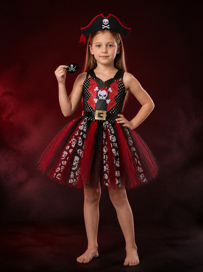Kids Pirate Princess Dress Costume with Skull Pattern & Hat, Halloween Fancy