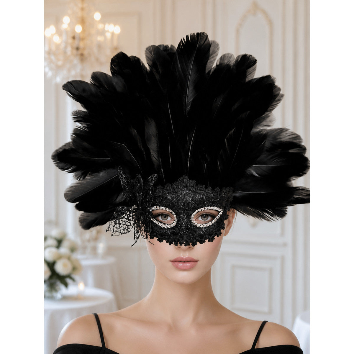 Carnival Mask with Black Feathers and Glitter lifestyle