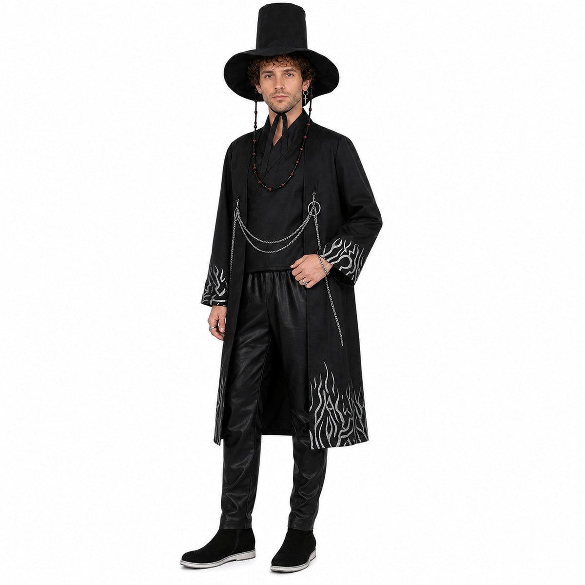 Anime Cosplay Costume: Long Coat, Pants, and Hat on-model front view