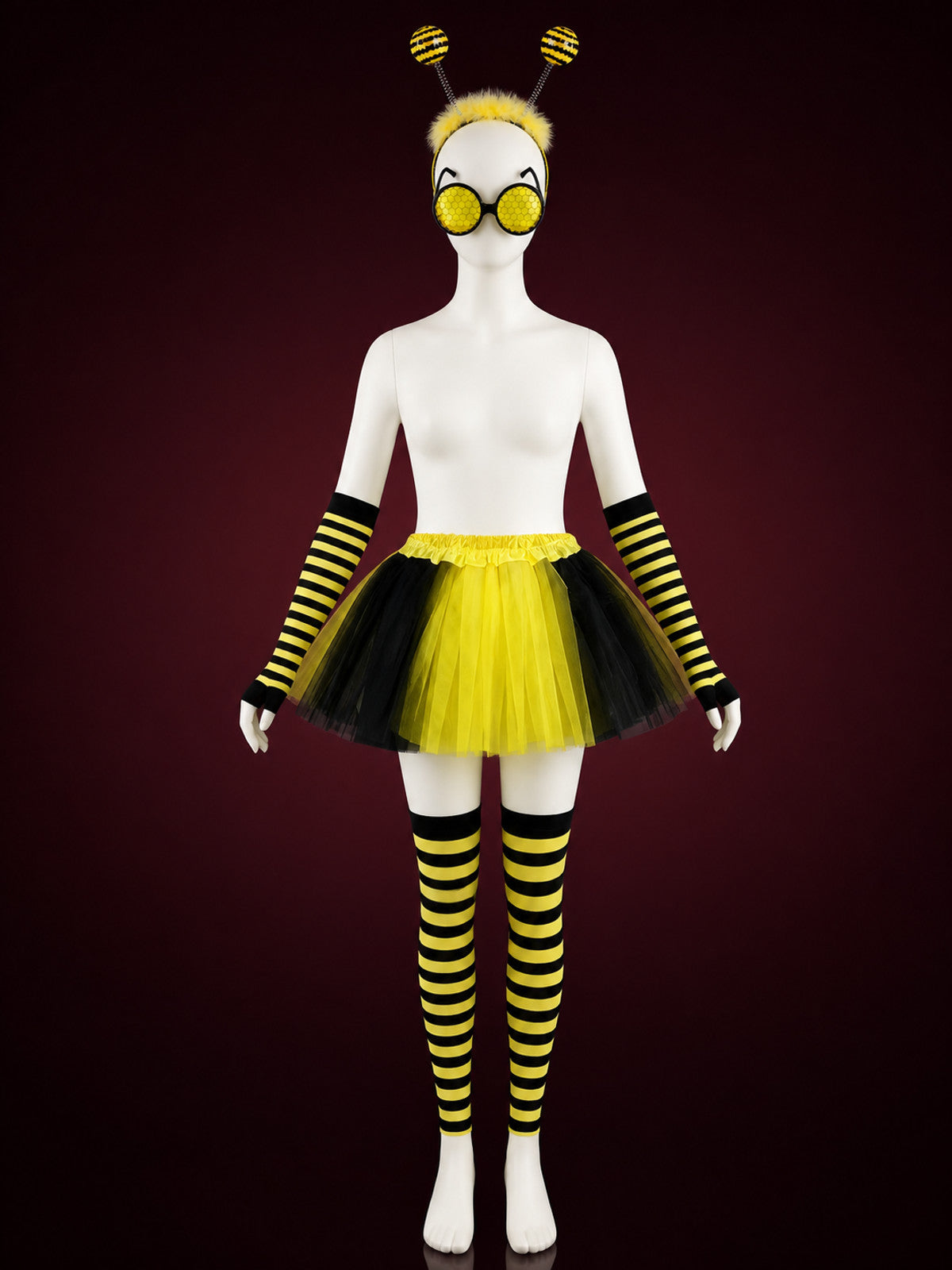Bee Costume Accessories Set - Black Yellow Striped Headband, Glasses, Gloves &