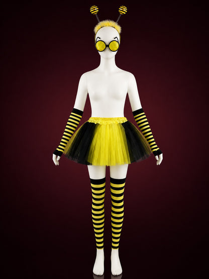 Bee Costume Accessories Set - Black Yellow Striped Headband, Glasses, Gloves &