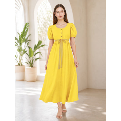 Yellow Dress with Buttons and a Drawstring Waist