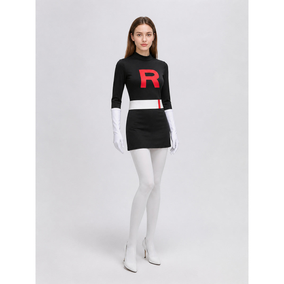 Black Cosplay Dress with a High Collar and the Letter R Costume Dresses detail