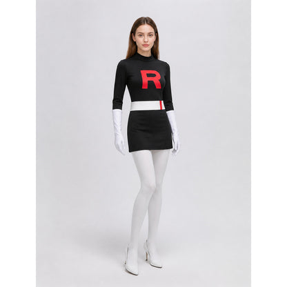 Black Cosplay Dress with a High Collar and the Letter R Costume Dresses detail