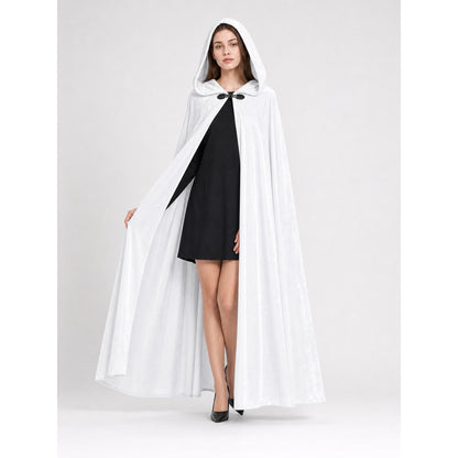 White full-length hooded cape shown open on a model, revealing a black outfit and black front clasp